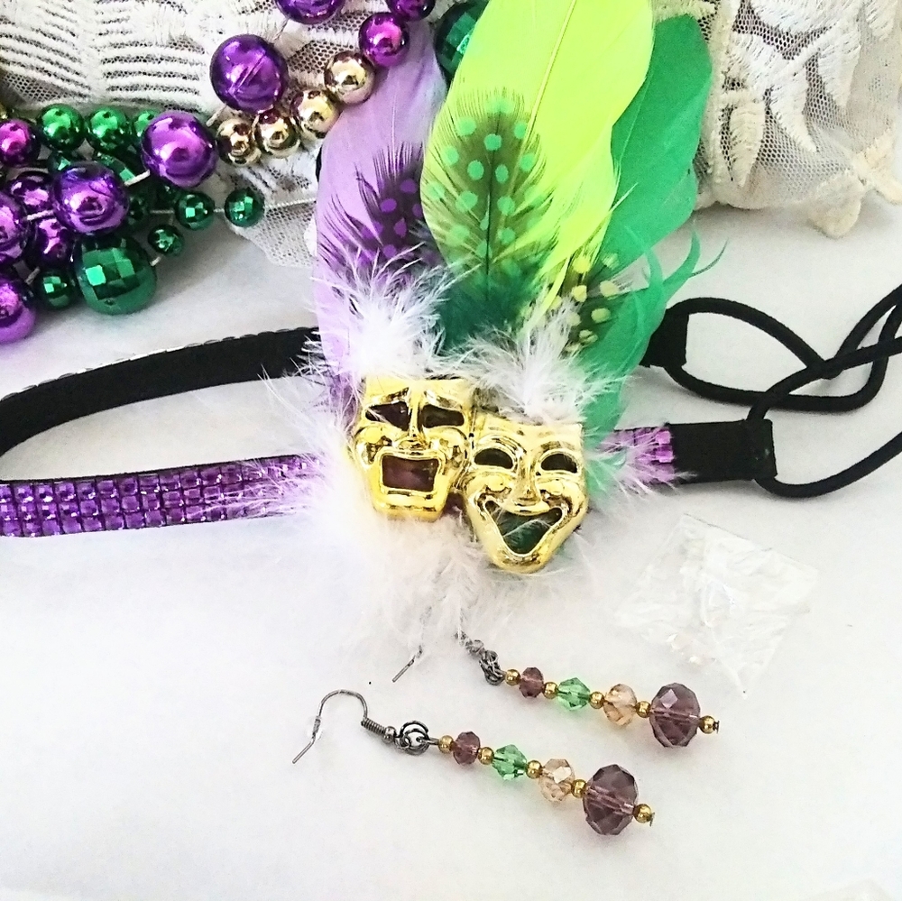 Mardi Gras Beads, Party Mask Headband, Glass Crystal Dangle Earrings, Hair Ext.